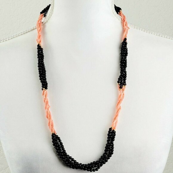 Vintage Black Agate & Angelskin Coral Multi-strand Necklace 28" 4Twisted Strands - Picture 2 of 12